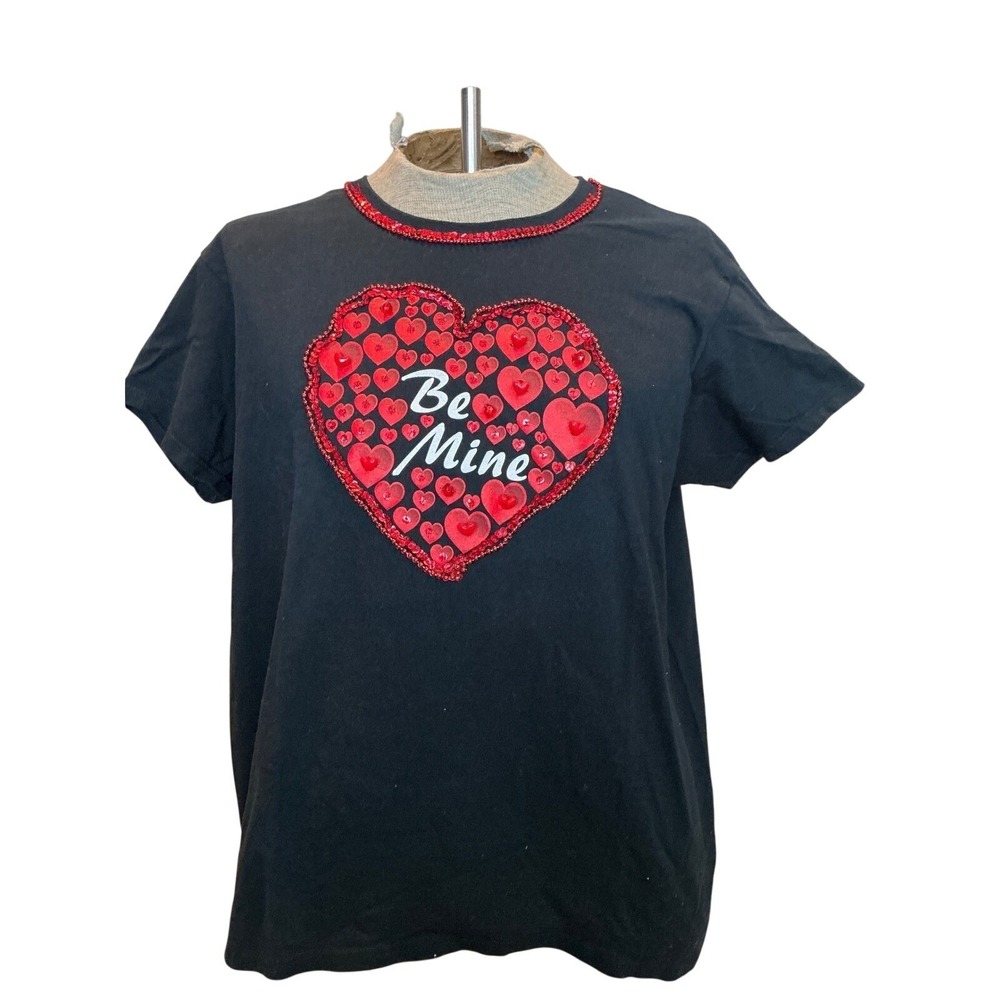 Vintage Black Be Mine Heart Sequin Rhinestone T Shirt Cotton XL Valentines‎